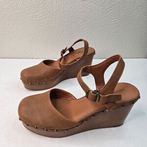 Lucky Brand Boho Clog Shoes 8.5 Brown Leather Studded Chunky Mary Jane Platform